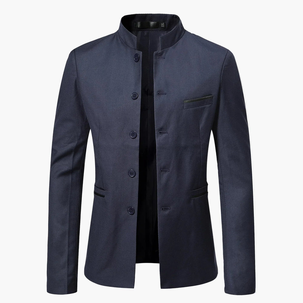 Stilvoller Herren Sakko mit Stehkragen, schlanker Passform, ideal für festliche Anlässe und Männermode.
