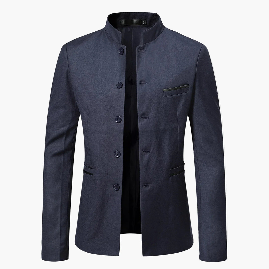 Stilvoller Herren Sakko mit Stehkragen, schlanker Passform, ideal für festliche Anlässe und Männermode.