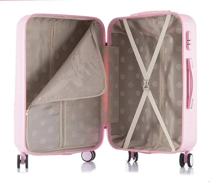 Damen Reisekoffer-Set aus ABS mit niedlichem Katzenmotiv. Robustes, leichtes Handgepäck für jede Reise.