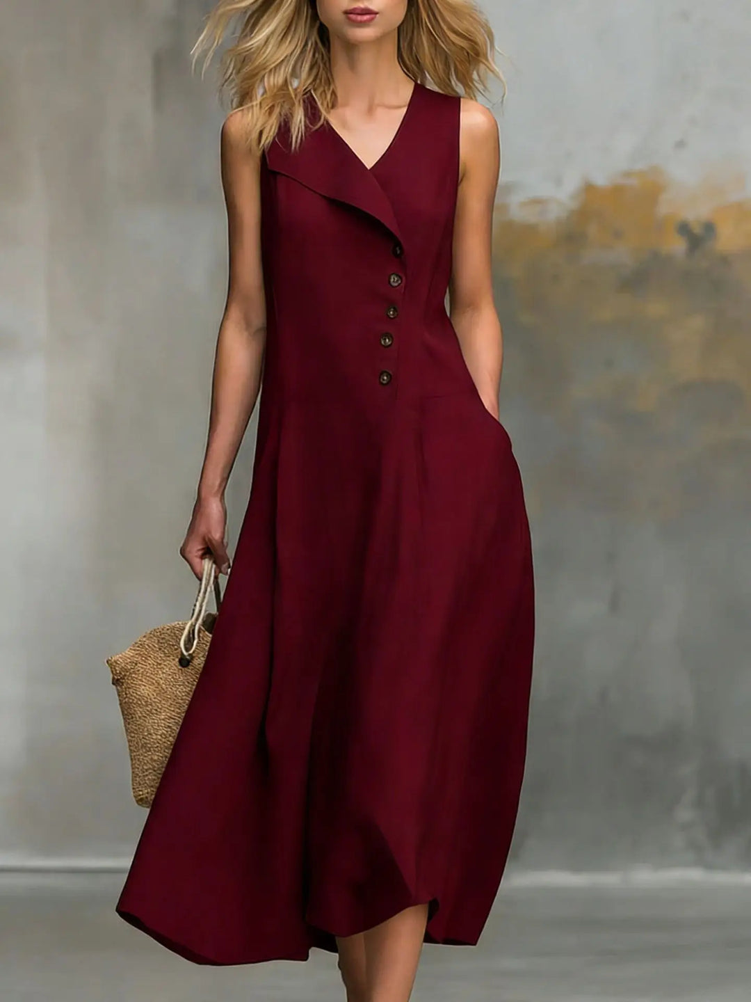 Bequemes Sommer Maxikleid für Damen in A-Linie mit V-Ausschnitt und praktischen Seitentaschen. Freizeitkleid.