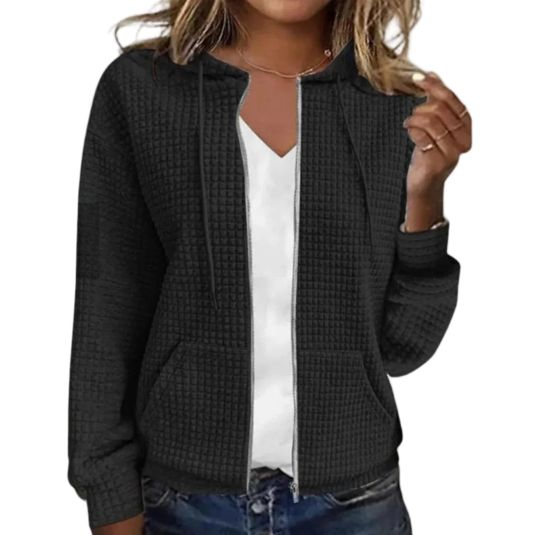 Damen Zip-Hoodie mit Kordelzugkapuze & Fronttaschen. Bequemer Langarm-Kapuzenpullover für Freizeit & Alltag.