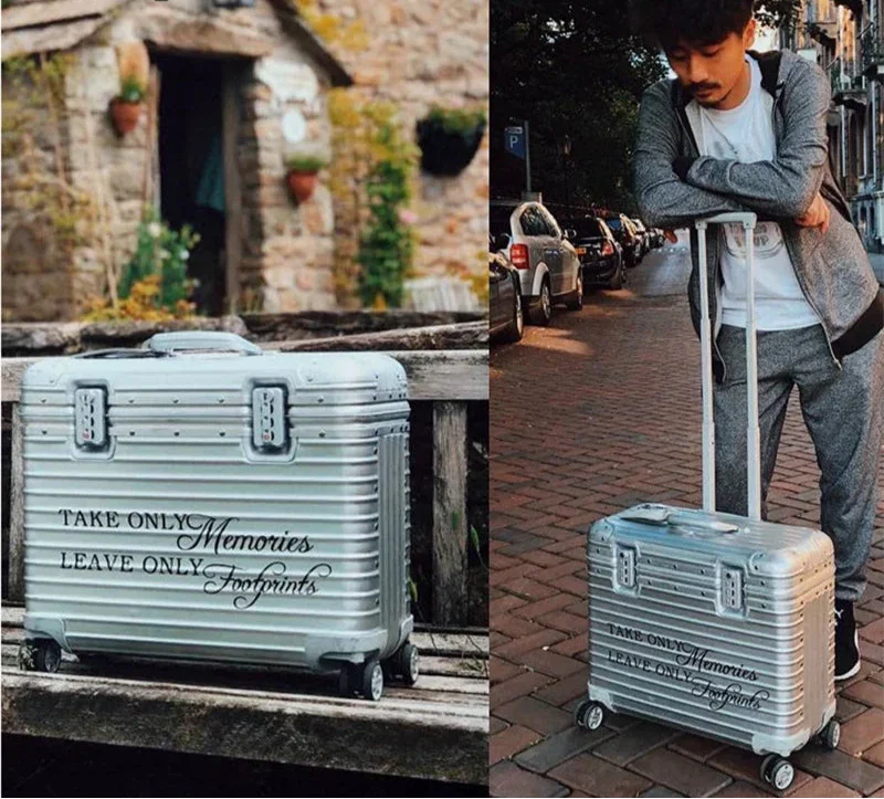 Moderner Aluminium Reisekoffer Monaco; silberner Hartschalen-Trolley mit TSA-Schloss und leisen 360°-Doppelrollen.