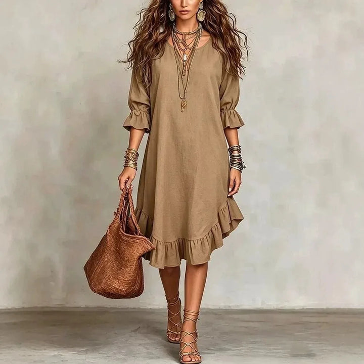 Stylisches Damen Midikleid mit Rüschen, V-Ausschnitt und A-Linie. Bequem und elegant für jeden Anlass geeignet.