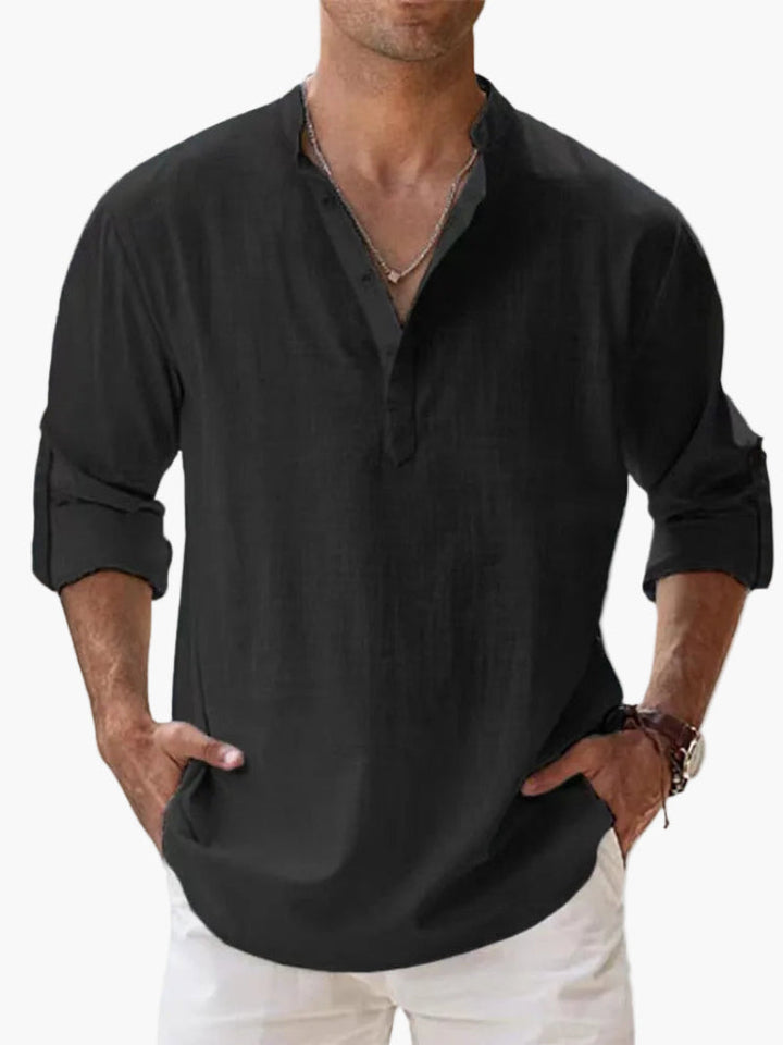 Stylisches Herren Henley-Shirt mit Langarm & Krempelärmeln, perfekt als Casual Freizeithemd für den Sommer.