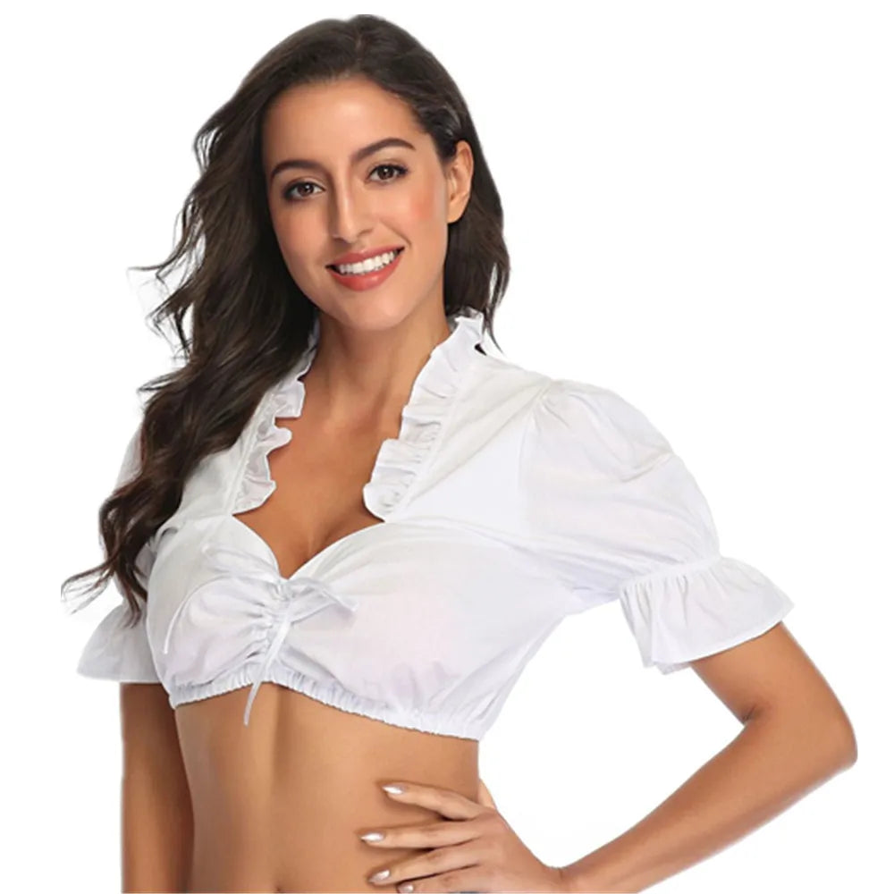Weiße Damen Dirndl Bluse, kurzärmlig. Authentische bayerische Trachten-Festmode für Oktoberfest und Volksfest.