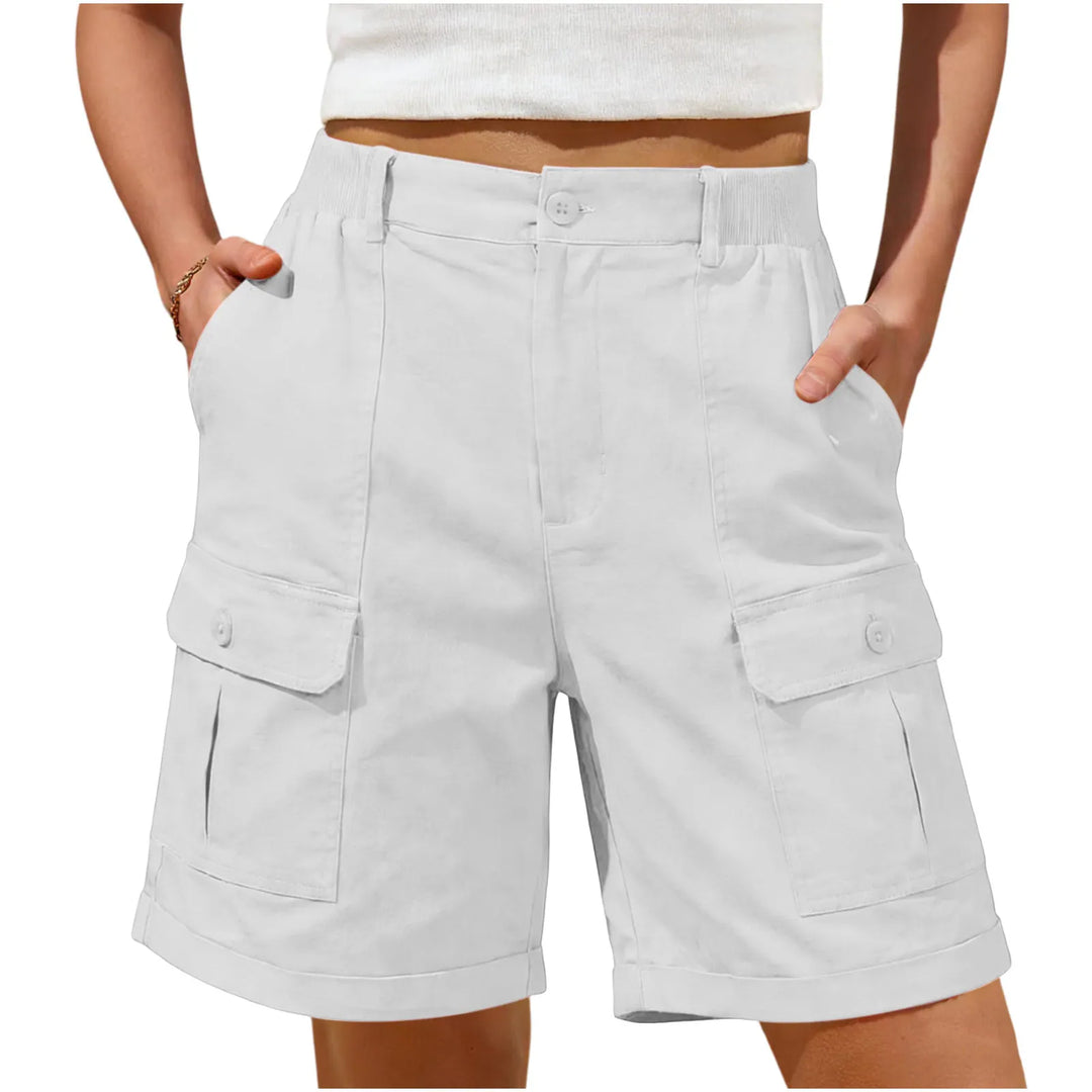 Damen High-Waist Jorts, elastisch, knielang, perfekt für sommerliche Freizeit.