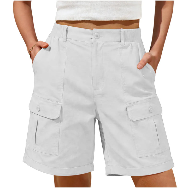Damen High-Waist Jorts, elastisch, knielang, perfekt für sommerliche Freizeit.