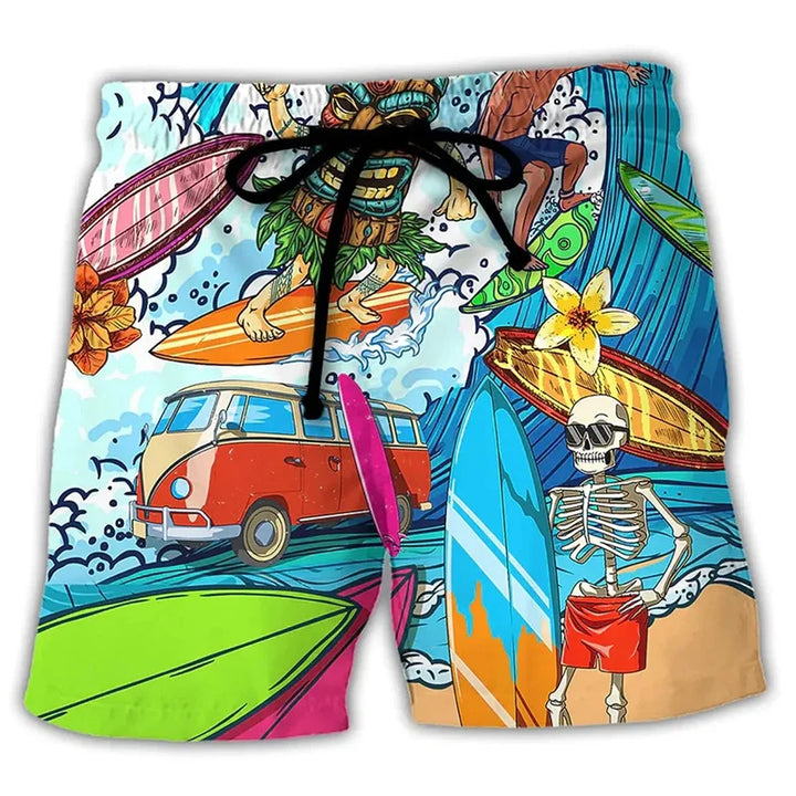 Detail des elastischen Bundes und Kordelzugs der Herren Badehose mit Graffiti-Muster.
