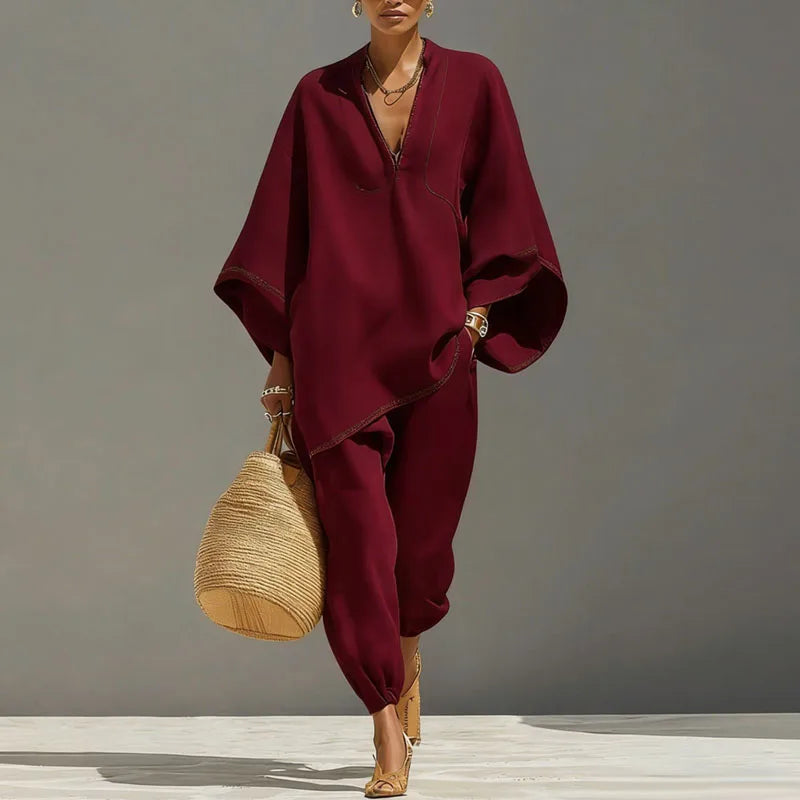 Beiges Damen Maxi Zweiteiler Set, komfortabel und elegant, mit weiten Ärmeln und elastischer Hose.
