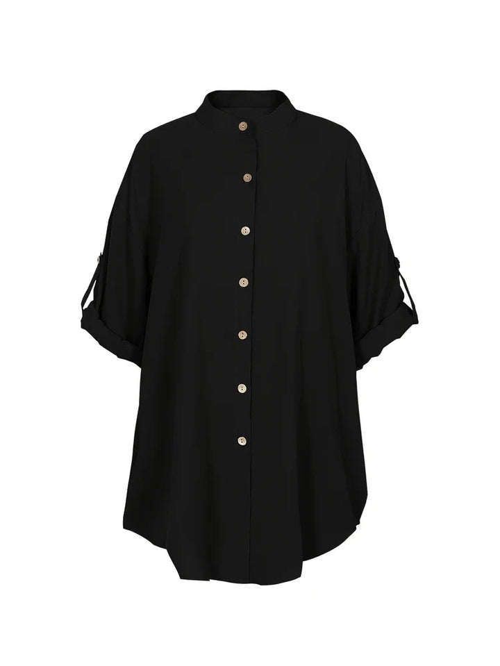 Komfortable V-Ausschnitt Bluse Übergröße. Langarm, Knopfleiste. Ideal als Sommerbluse & Büro-Outfit.