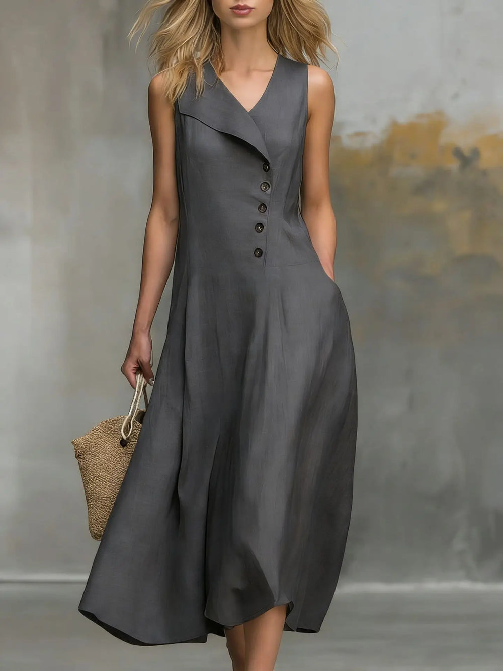 Elegantes ärmelloses Damen Maxikleid mit tiefem V-Ausschnitt und durchgehender Knopfleiste. Modisch & bequem.