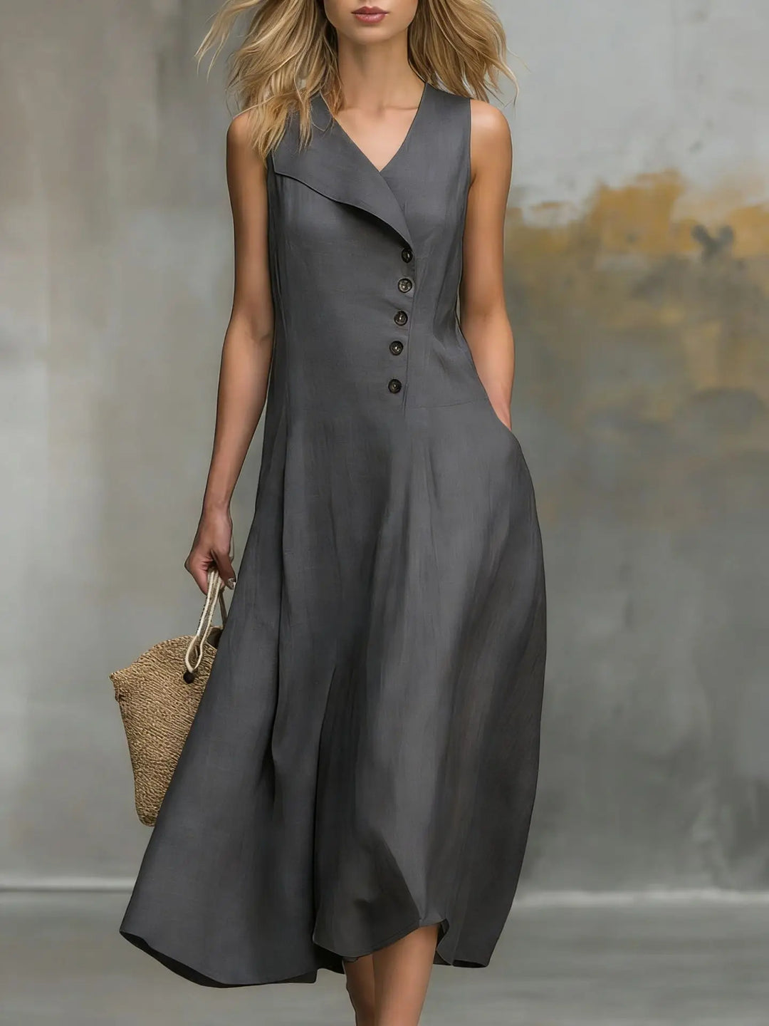 Elegantes ärmelloses Damen Maxikleid mit tiefem V-Ausschnitt und durchgehender Knopfleiste. Modisch & bequem.