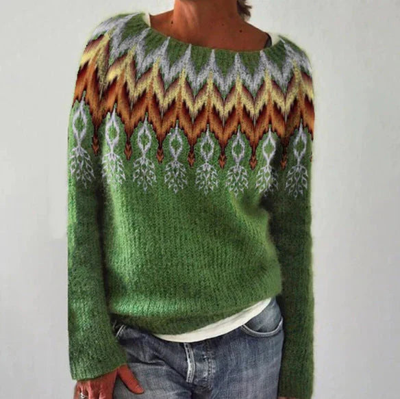 Damen-Winter-Weihnachtspullover mit festlichem nordischem Muster. Gemütlicher Strickpullover für warme Festtage.