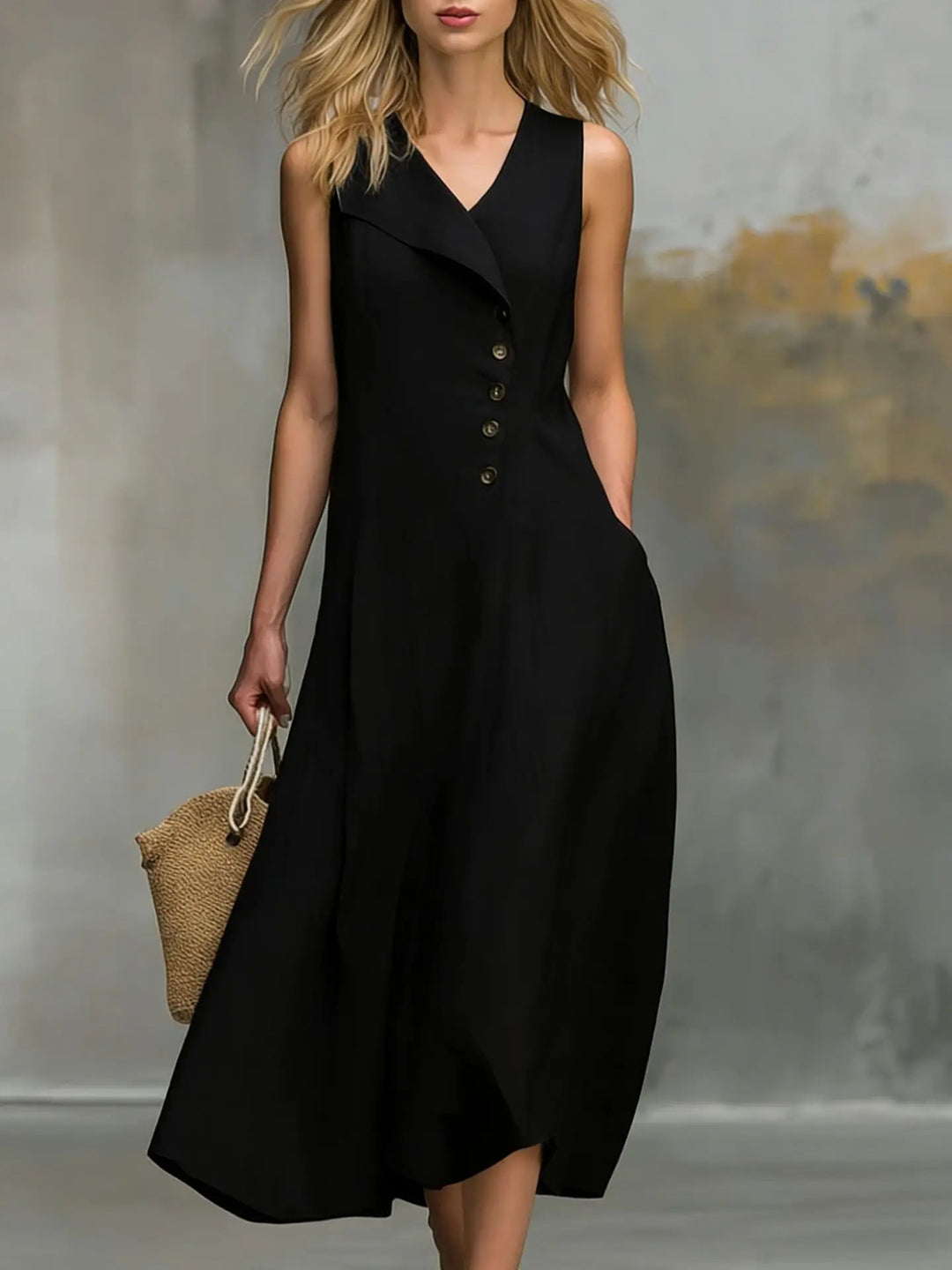 Schickes Damen Maxikleid mit elegantem V-Ausschnitt und dekorativen Knöpfen. Ärmelloses Design, sehr bequem.