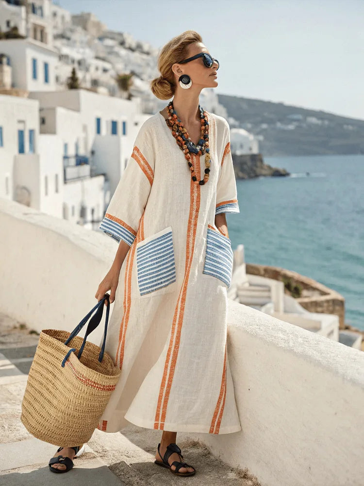 Vielseitiges Damen Freizeit-Maxikleid mit Streifen und V-Ausschnitt, geeignet für Urlaub & Strand.