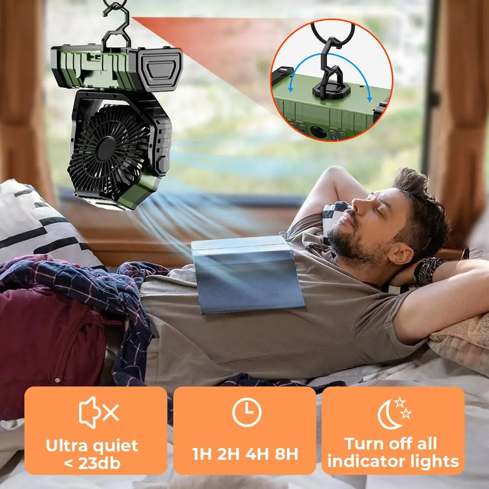 Tragbarer Akkuventilator mit integrierter Powerbank (20.000mAh) & hellem LED-Licht für Zelt & Outdoor-Aktivitäten.