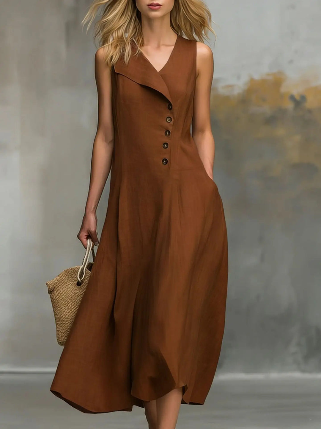 Modisches Damen Maxikleid ärmellos mit Knöpfen und V-Ausschnitt. Elegant geschnitten, ideal für den Sommer.