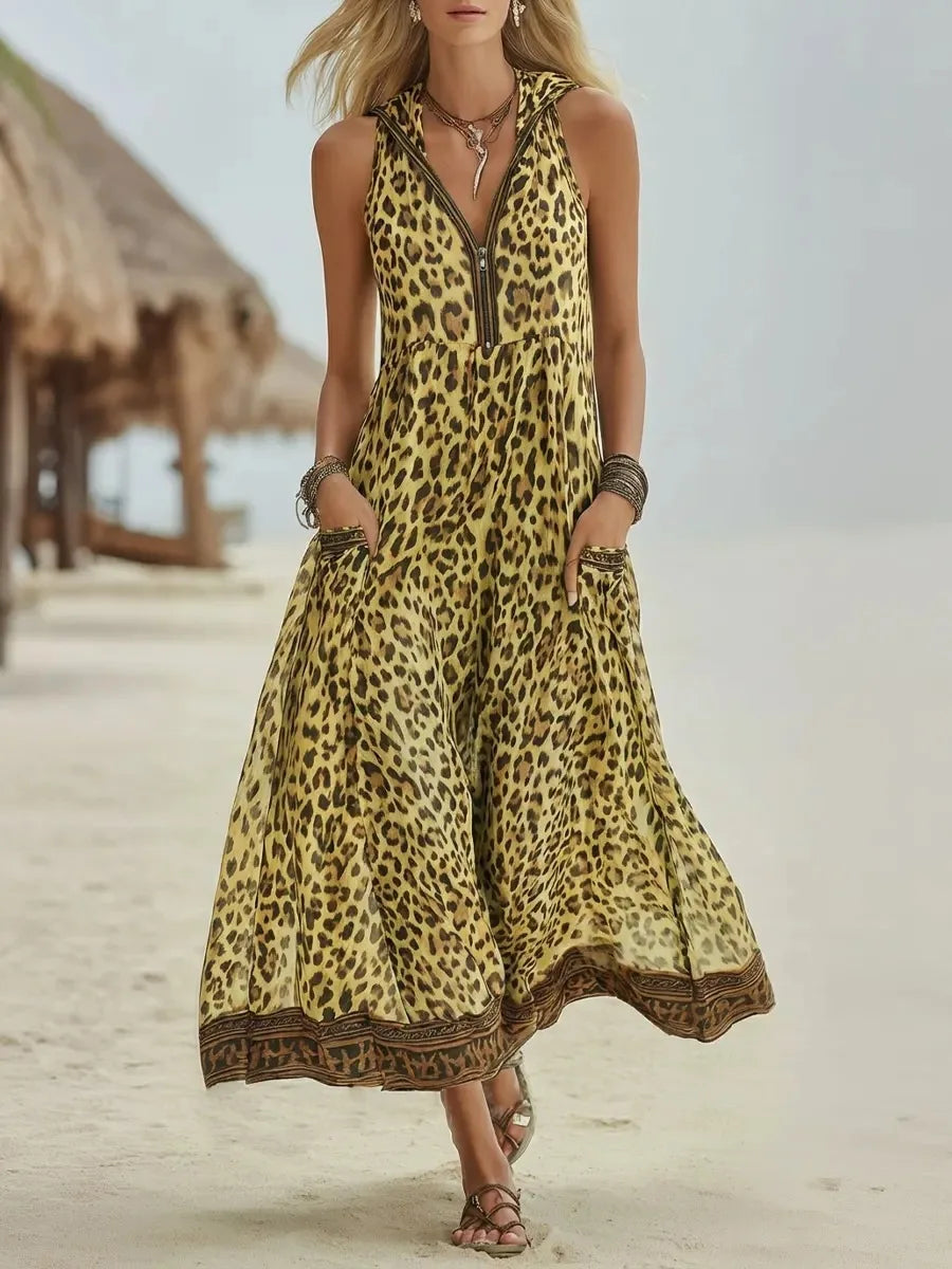 Vielseitiges Damen Maxikleid mit angesagtem Leopardenmuster, V-Ausschnitt und ärmellos. Perfekt für Sommer & Party.