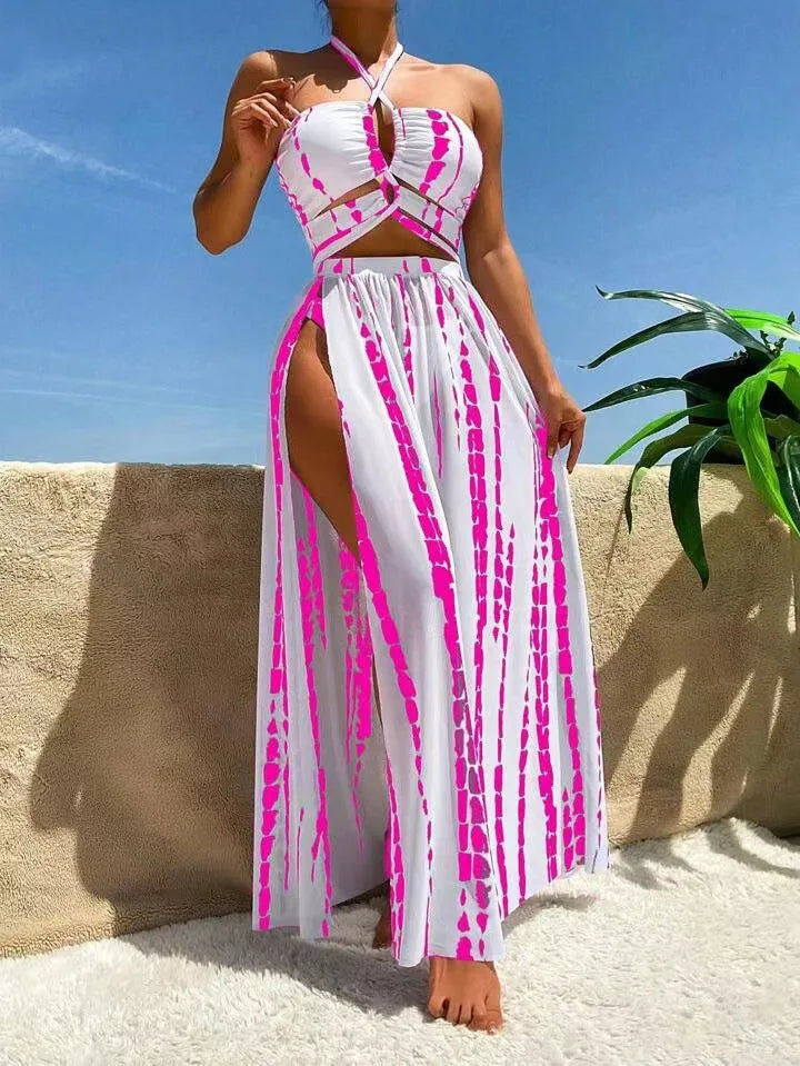 Moderner Damen Badeanzug, Cross Dress Einteiler mit Cut-Outs und Kontrast-Print für Poolpartys.