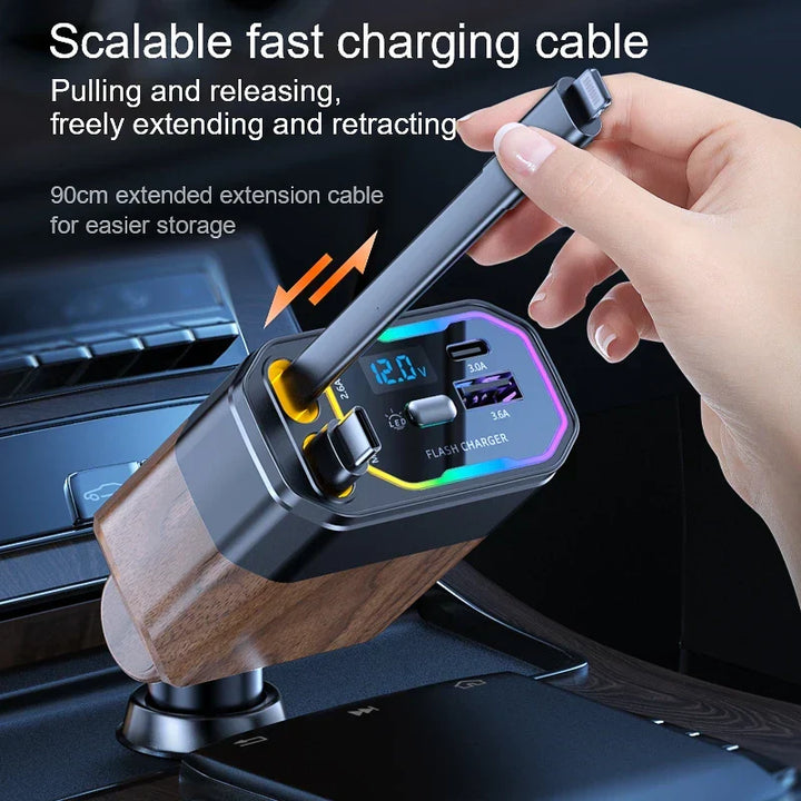 Kompaktes Autoladegerät 120W für Zigarettenanzünder mit praktischen ausziehbaren USB-C Ladekabeln.