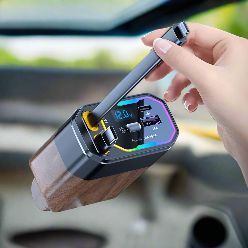 Autoladegerät 120W mit ausziehbaren USB-C Kabeln für Zigarettenanzünder, ideal für schnelles Laden im Auto.
