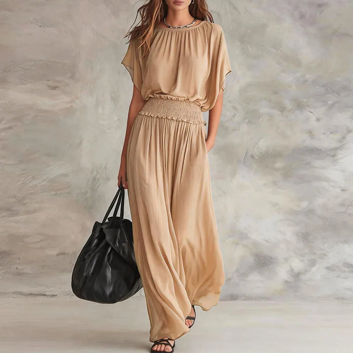 Modisches langes Damen Sommerkleid mit geraffter Taille und weiten Ärmeln, perfekt für Alltag und besondere Events.