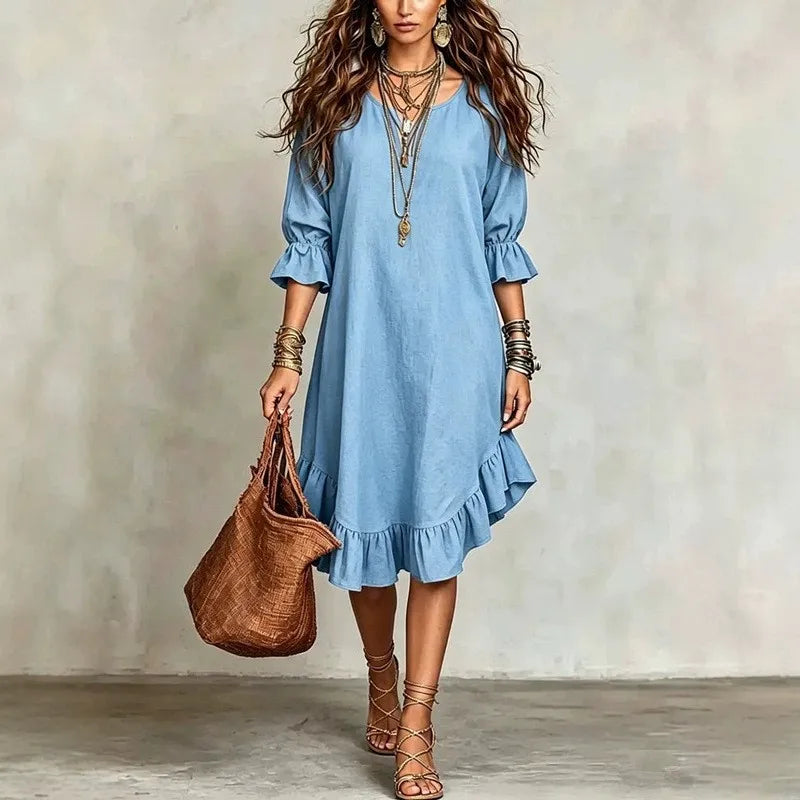 Elegantes Damen Rüschen Midikleid mit fließendem A-Linien-Schnitt und V-Ausschnitt, ideal für Sommer.