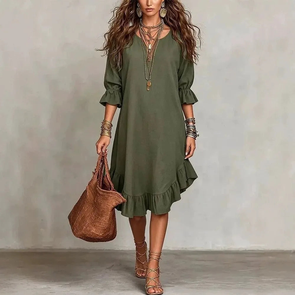 Vielseitiges Damen Midikleid mit Rüschen, V-Ausschnitt und A-Linie, perfekt als Freizeit- oder Strandkleid.