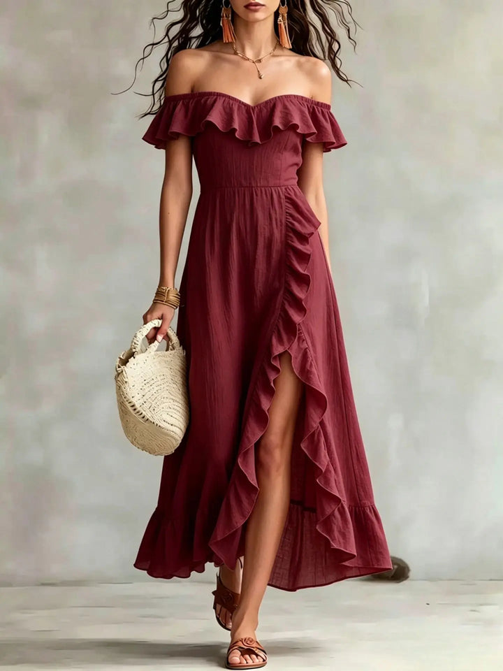 Zeitloses Damen Maxikleid mit Off-Shoulder-Schnitt, ideales Sommerkleid, elegant für jeden Anlass.