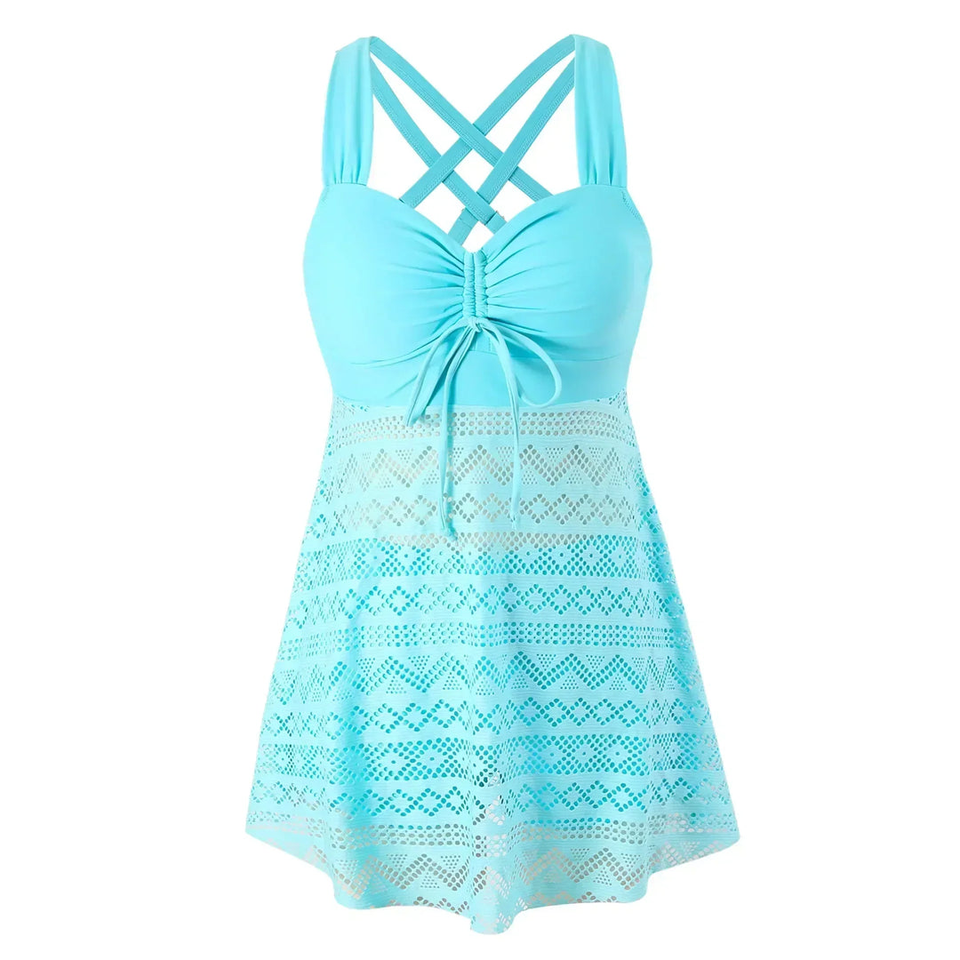 Trendiger Damen Badeanzug mit Spitzenrock, ideal für stilvolle Auftritte an Pool und Strand.