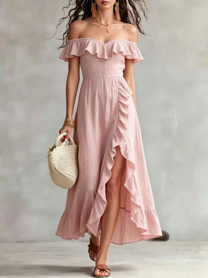 Stylisches Damen Off-Shoulder A-Linien Maxikleid, ein vielseitiges Sommerkleid, ideal für Strand und Abend.