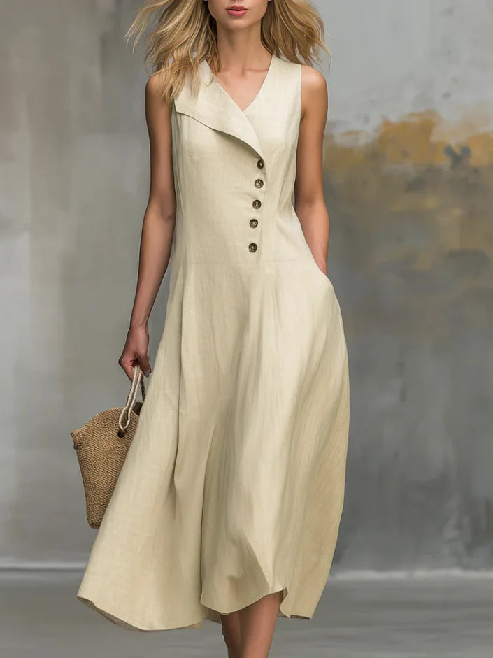 Damen Maxikleid mit V-Ausschnitt & Knöpfen, ärmellos, elegant & bequem. Perfektes Sommerkleid.