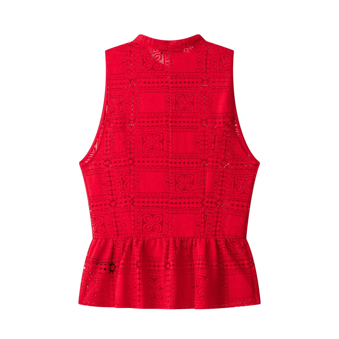 Vielseitiges rotes Spitzentop mit eleganter Schleife für Damen. Ärmellos, passend für festliche oder legere Sommerlooks.