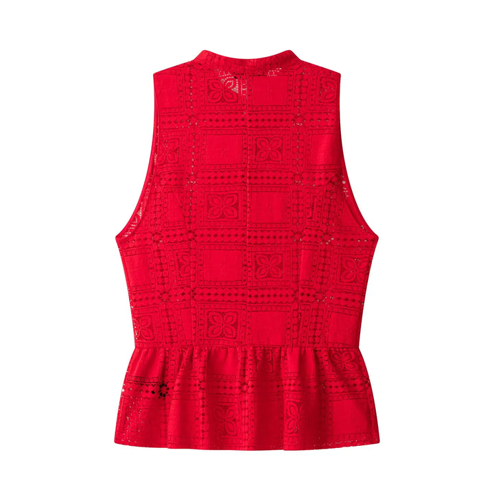 Vielseitiges rotes Spitzentop mit eleganter Schleife für Damen. Ärmellos, passend für festliche oder legere Sommerlooks.