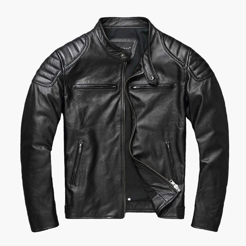 Schwarze Herren Bikerjacke aus Leder im Slim Fit Design, ideal als Motorradjacke oder urbane Übergangsjacke.