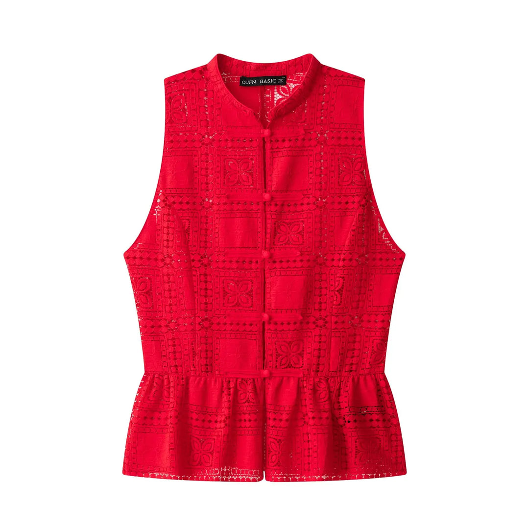 Chices rotes Damen Spitzentop ärmellos, mit schicker Schleife. Elegant für Sommer, festlich oder Freizeit.