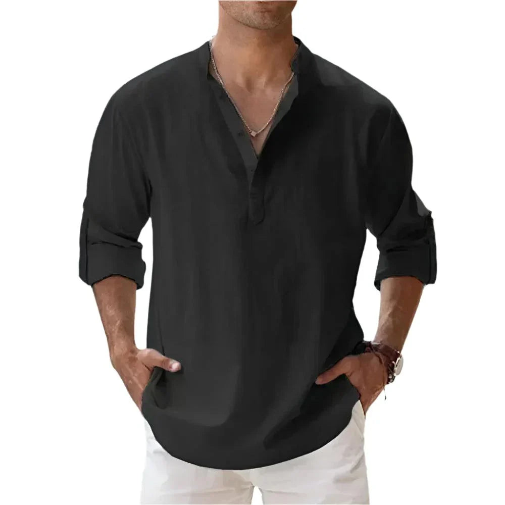Lässiges Herren Henley-Shirt, Kurzarm, Stehkragen, perfekt für Sommer, Strand & Freizeitmode.
