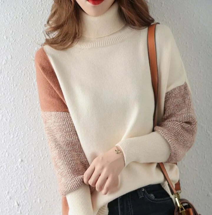Damen Pullover, Rollkragen, langarm, zweifarbiges Kontrastdesign. Lockerer Schnitt für Übergangszeit und Winter.