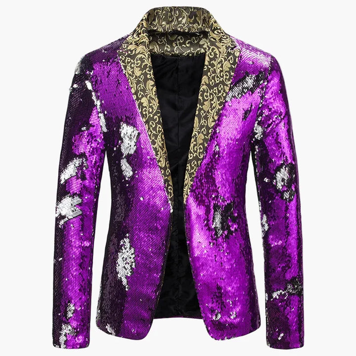 Nahaufnahme: Funkelnder Herren Pailletten Blazer, ideal für besondere Anlässe.