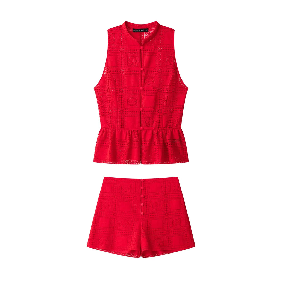Festliches rotes Spitzentop für Damen, ärmellos, mit eleganter Schleife. Must-have für sommerliche Events.