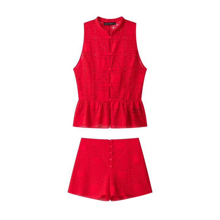 Festliches rotes Spitzentop für Damen, ärmellos, mit eleganter Schleife. Must-have für sommerliche Events.