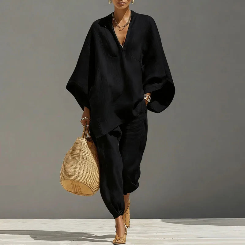 Leichtes Damen Maxi Zweiteiler Set für den Sommer, bequeme Freizeitmode mit V-Ausschnitt und weiten Ärmeln.