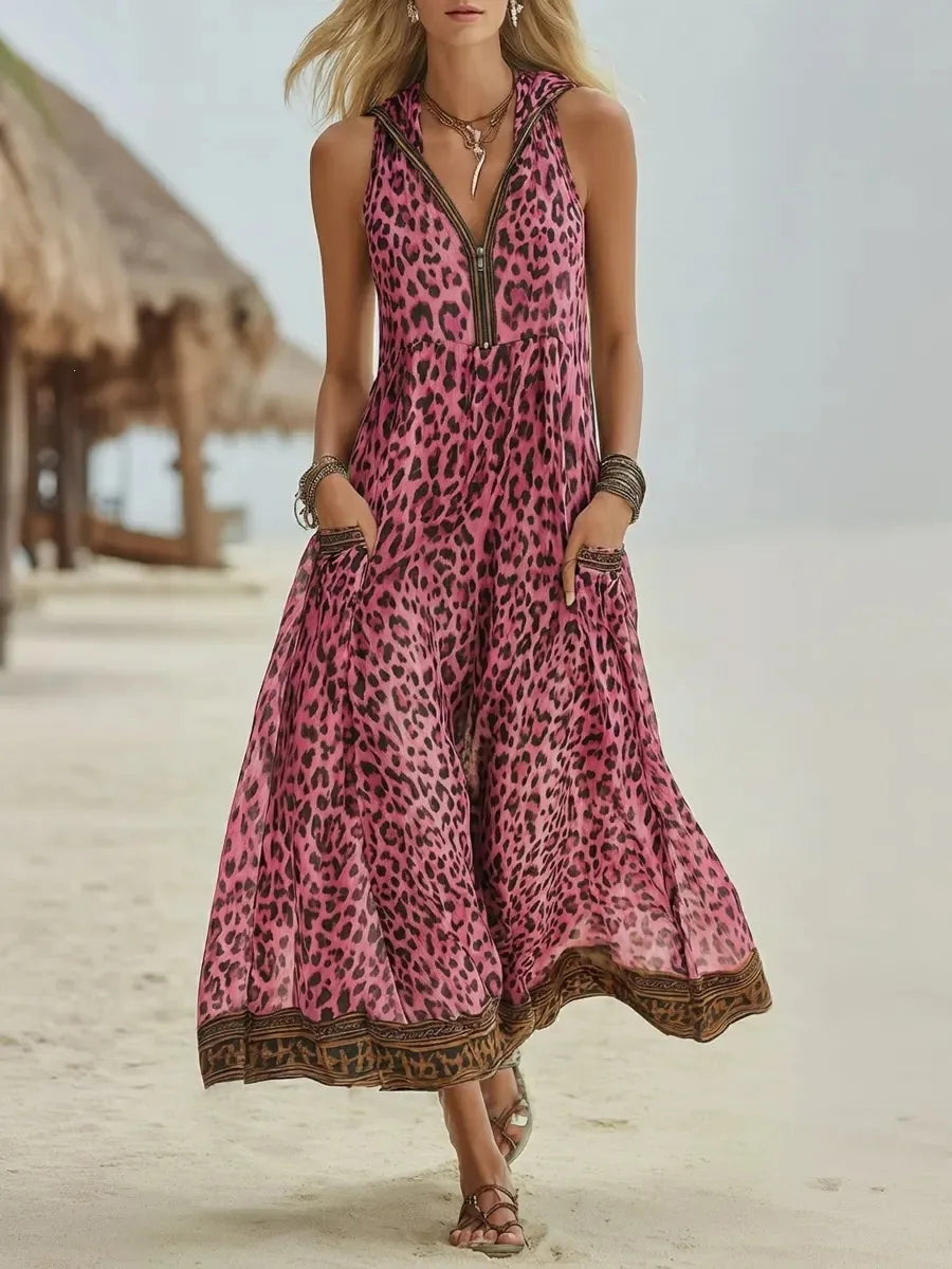Elegantes Damen Partykleid im Leopardenmuster, langes Maxikleid mit V-Ausschnitt. Ideal für modische Anlässe am Abend.