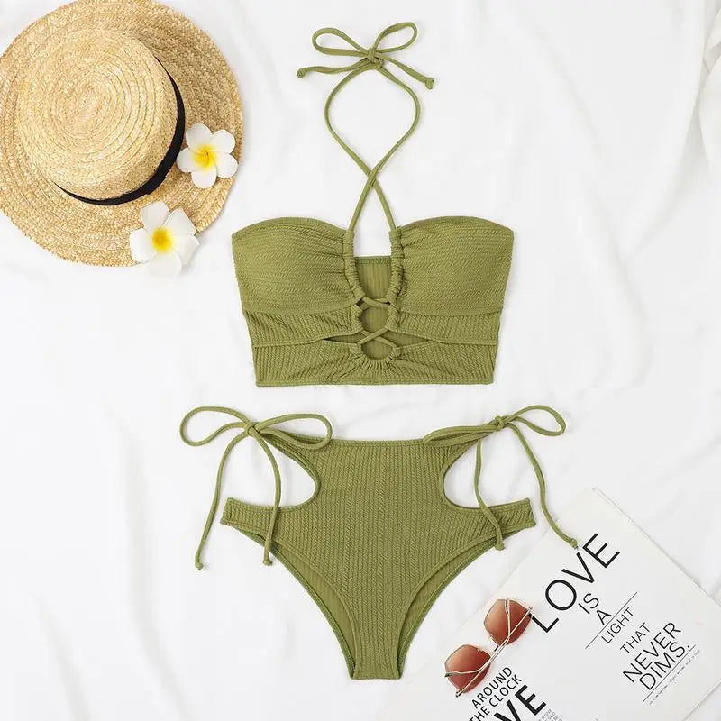 Damen Hochgeschnittener Bikini Badeanzug, figurfreundlich & bequem für stilvolle Strandmode im Sommer.