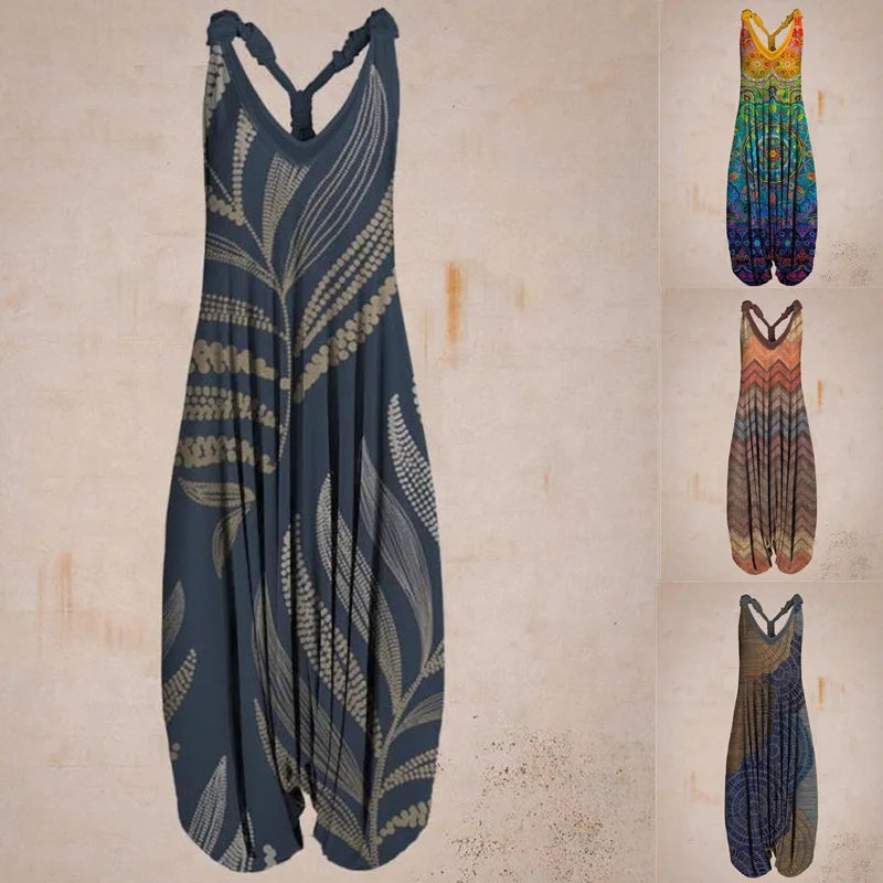 Bequemer Maxi Damen Boho Jumpsuit mit weitem Bein & verstellbaren Trägern, für Sommermode.
