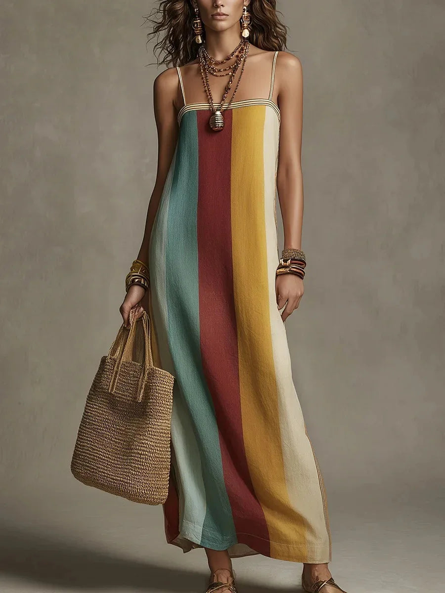 Damen gestreiftes Maxikleid mit Spaghettiträgern, leicht und luftig für den Sommer.