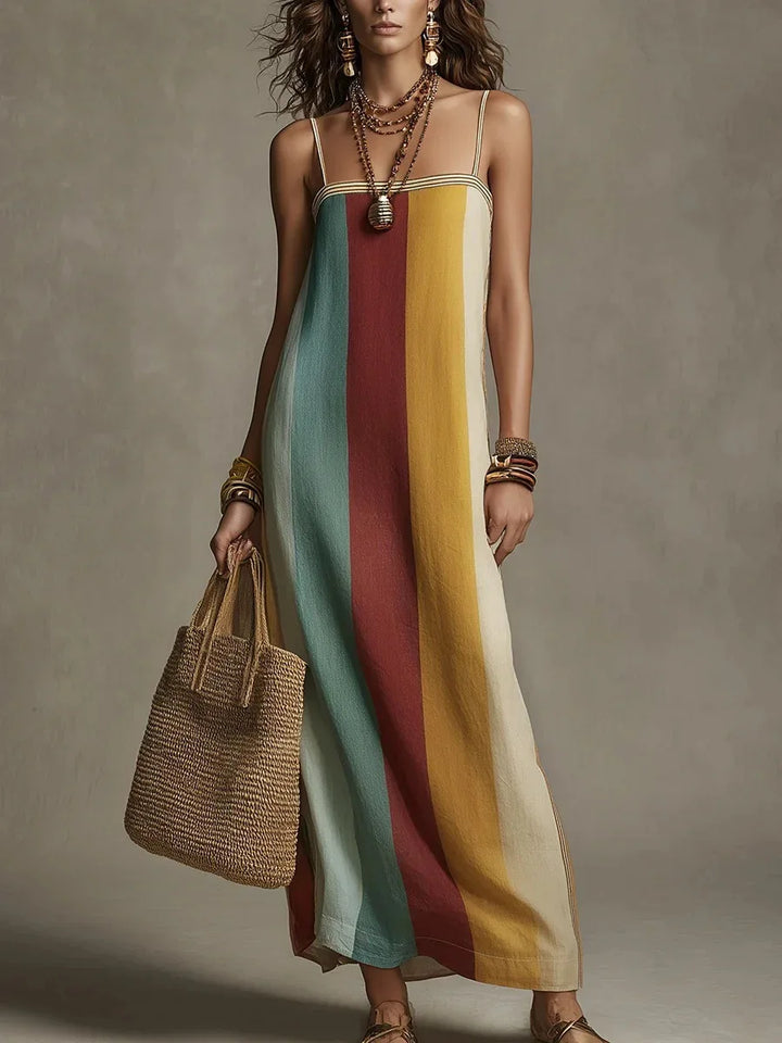 Damen gestreiftes Maxikleid mit Spaghettiträgern, leicht und luftig für den Sommer.