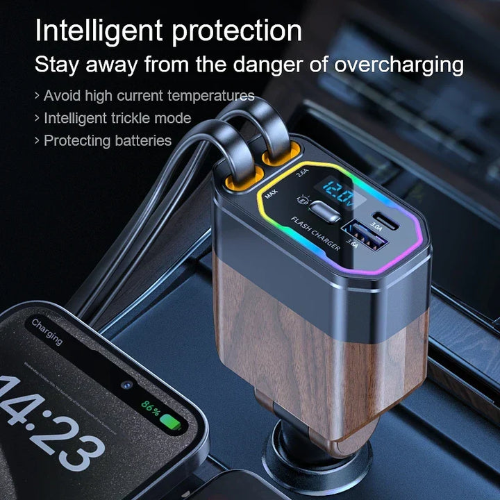 Hochwertiges Autoladegerät 120W mit ausziehbaren USB-C Kabeln, 4-in-1 Schnellladefunktion für jedes Fahrzeug.