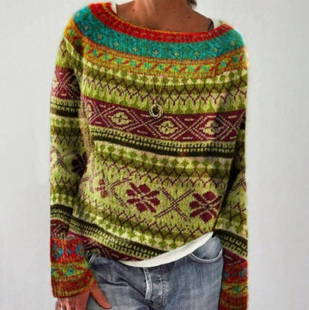 Warmer Damen-Weihnachtspullover mit nordischem Design. Festlicher Langarm-Strickpullover für gemütliche Wintertage.
