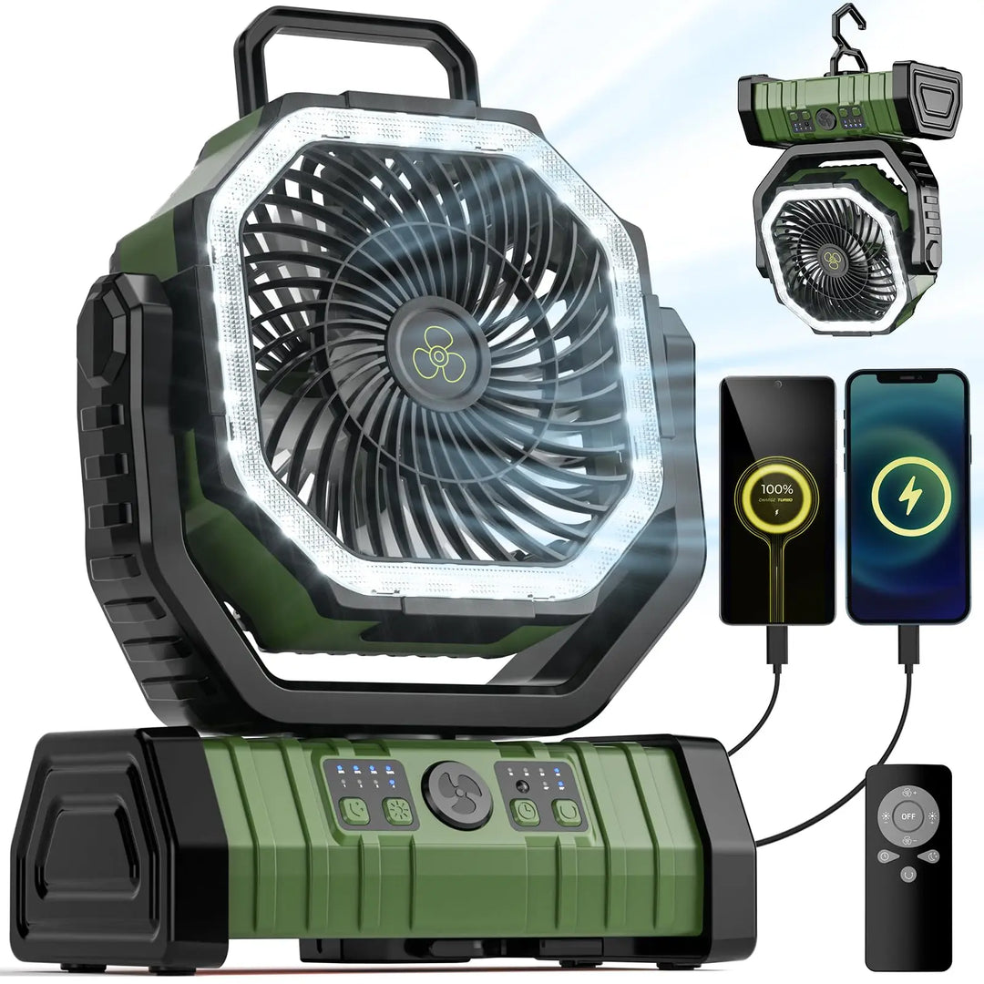 Campingventilator AirMate mit 20.000mAh Akku, LED-Licht & Fernbedienung. Ideal für Outdoor, Zelt & Camping.